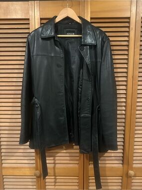 Vintage Adler Collection Black Button-Front Leather Jacket w/ Waist Tie
